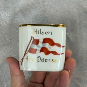 Vintage Porcelain Souvenir Cup Hilsen fra Odense Denmark Danish Flag Gold Trim
